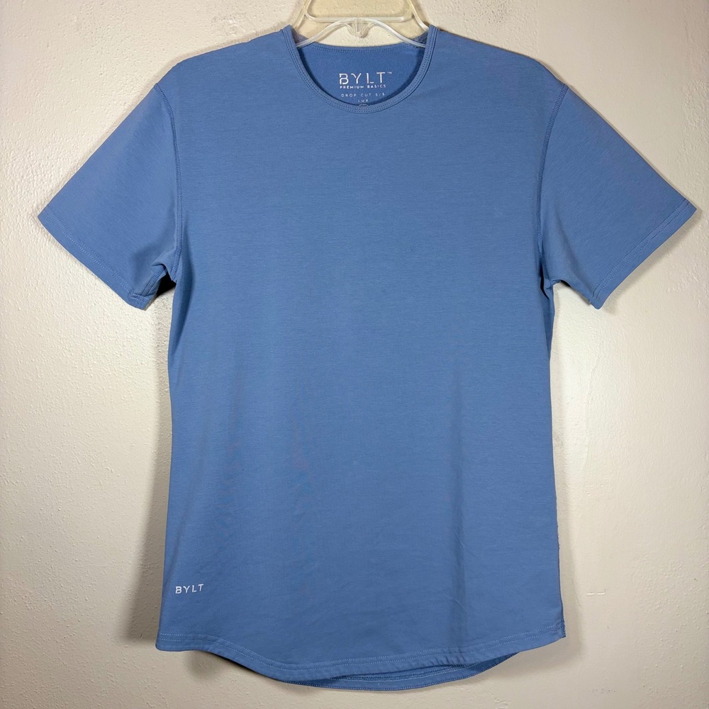 BYLT Premium Basics Drop Cut SS‎ Lux T Shirt Mens Small Blue Curved Hem Athletic